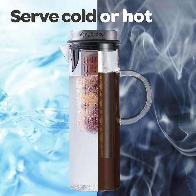 Cold Brew Coffee Maker - Large Glass Infusion Pitcher 1.6 Quarts 52oz - Iced Coffee & Iced Tea Pitcher with Stainless Steel Lid & Fruit Infusion Tube - Perfect for Home or Office