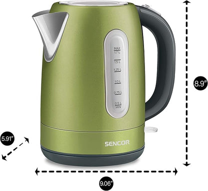 Sencor SWK1770GG 1.7L Stainless Steel Electric Kettle with Lid Safety Lock, Light Green