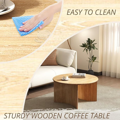 31.5″ Round Coffee Table, Natural Wooden Circle Coffee Table with Curved Base, Solid Wood, Ideal for Living Room, Apartment, Compact Place