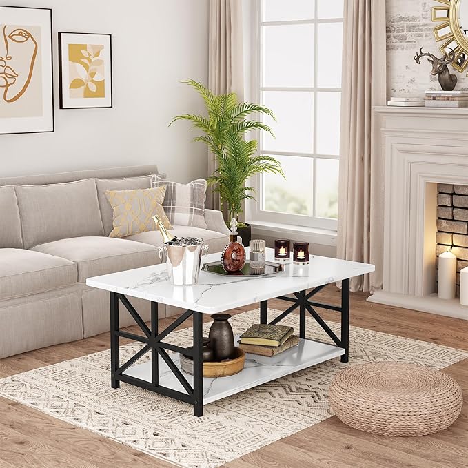 AWQM Faux Marble Coffee Table for Living Room with Round Corners,2 Tier Living Room Table with Storage Shelf,Rectangular Coffee Table Center Table for Small Spaces,White