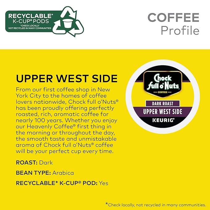 Chock Full o'Nuts Upper West Side Coffee, Dark Roast, Compatible with K-Cup Pods, 12 CT (Pack of 6)