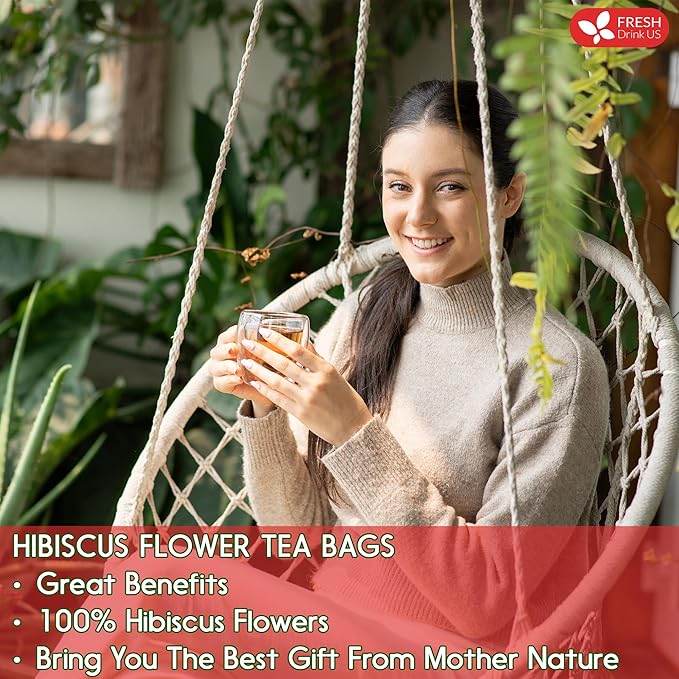FreshDrinkUS, Premium 10 Hibiscus Flowers Tea Bags, 100% Natural, Pure from Hibiscus Flowers. Loose Flower Herbal Tea. No Sugar, No Caffeine, No Gluten, Vegan.