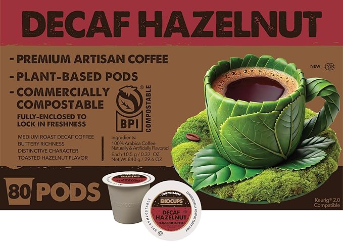 Ekocups Decaf Hazelnut Coffee Pods – Medium Roast, Swiss Water Process, Compostable, Plant-Based & Freshness-Sealed – French Press-Quality Brew – K-Cup Brewer Compatible – 80ct