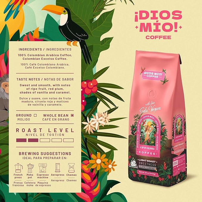 Dios Mio Coffee by Sofia Vergara, Light Roast, Whole Bean Premium Colombian Coffee, 12 Ounce Bag (Pack of 2)