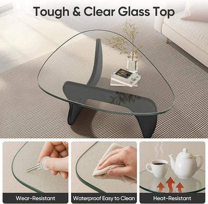 Noguchi Triangle Glass Coffee Table with Solid Wood Base, Vintage Clear Glass Top Modern Design for Living Room, Patio, Study, Black