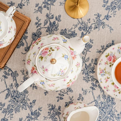 Flower Ceramic Teapot,22oz Porcelain Tea pot for Tea Coffee Milk for Office Home Men Women as Gift(White and small flowers)