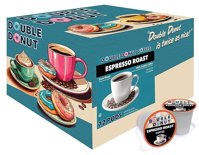Double Donut Espresso Roast Coffee Pods, Strong Dark Roast Coffee, Compatible with Keurig K Cups Brewers, 72 Count