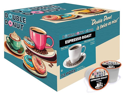 Double Donut Espresso Roast Coffee Pods, Strong Dark Roast Coffee, Compatible with Keurig K Cups Brewers, 72 Count
