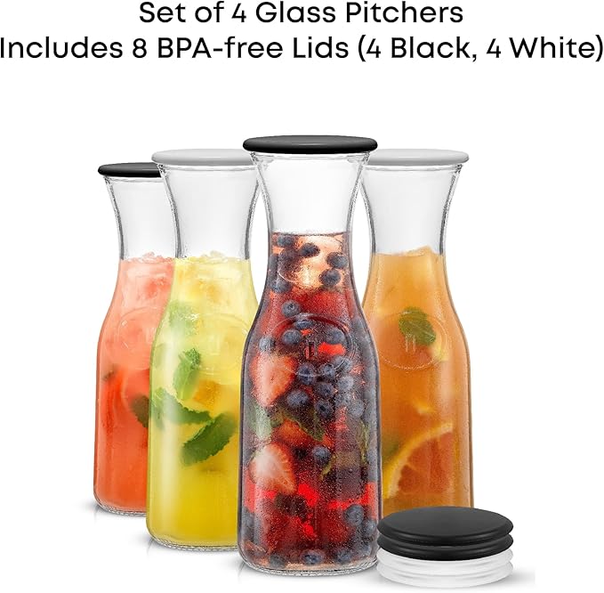 JoyJolt Glass Carafe with Lid, Set of 4 – 1 Liter Glass Pitcher for Mimosa Bar, Water, Iced Tea, Juice, Wine, Lemonade, Milk – Dishwasher Safe Beverage Drink Dispensers for Brunch, Parties