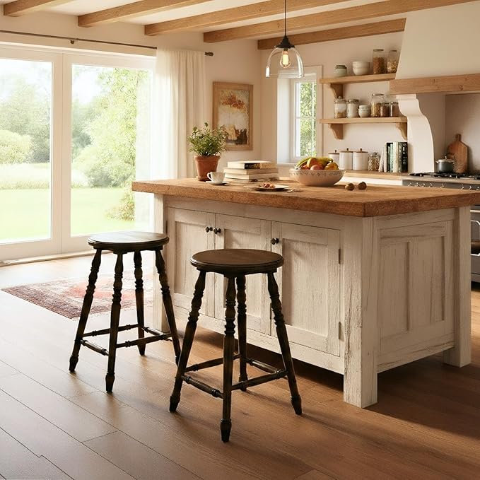 chairus 24" Backless Counter Height Bar Stools Set of 4, Farmhouse Wooden Counter Stools with Round Seat & Turned Legs, Rustic Vintage Colonial Short Bar Chairs for Kitchen Island, Antique Brown