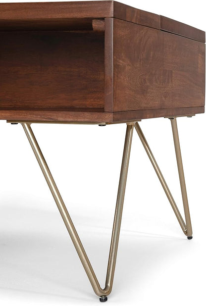 SIMPLIHOME Hunter Lift Top Coffee Table - 48 inch Wide Solid Mango Wood and Metal Industrial Cocktail Table in Umber Brown, Functional Living Room Table with 2 Storage Cubbies and Hairpin Legs