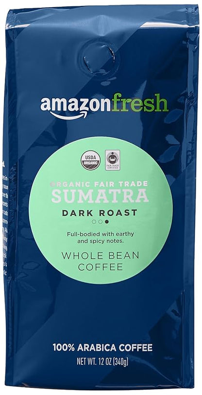Amazon Fresh Organic Fair Trade Sumatra Whole Bean Coffee, Dark Roast, 12 Ounce