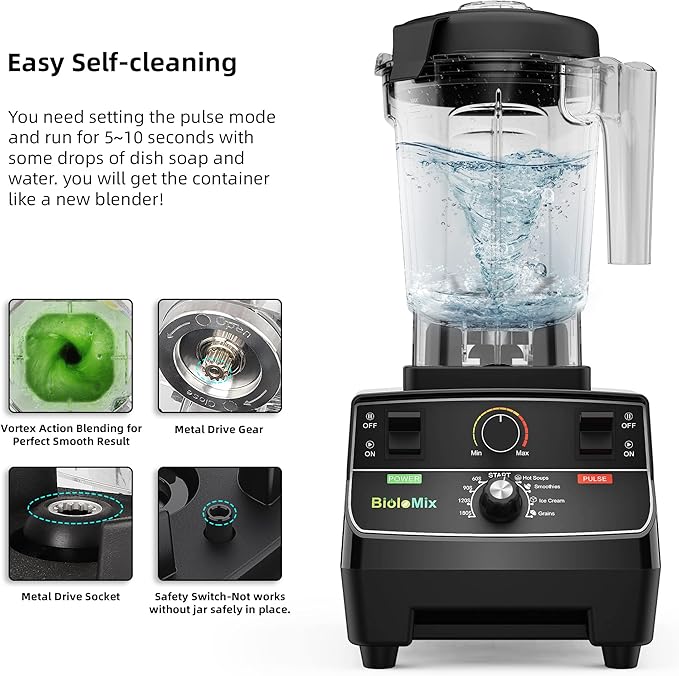 Biolomix Professional Smoothie Blender, 2200W High Power with 68oz Pitcher, Smart Presets, Blender for Kitchen, Ice, Soup (Extra Parts + 600ML Grinding Cups)