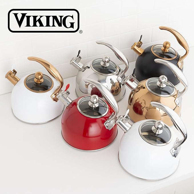 Viking 3-Ply Stainless Steel Tea Kettle, 2.6 Quart Stovetop Hot Water Pot with Tempered Glass Lid, Ergonomic Handle, Induction Ready, Satin Silver