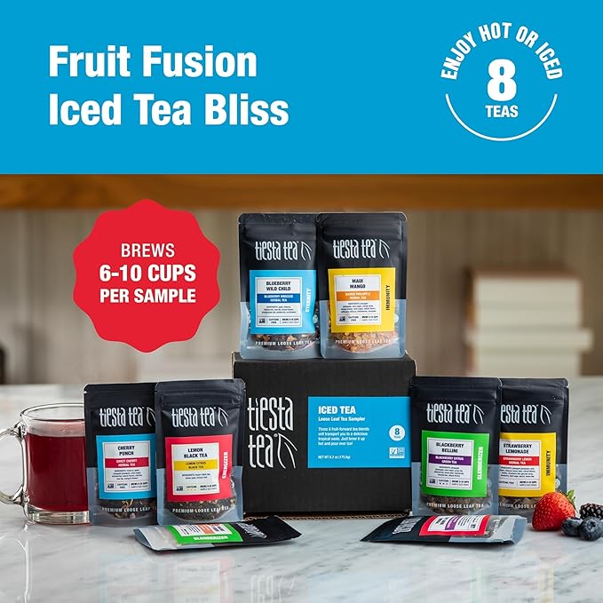 Tiesta Tea - Iced Tea Sampler Dry Flight Set, Loose Leaf, High to No Caffeine, Makes Cold Brew Iced Drink, Assorted Brew Sets with Herbal, Black, Fruit Blends & More, 8 Resealable Sample Pouches