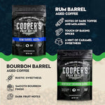 Load image into Gallery viewer, Bourbon &amp; Whiskey Barrel Aged Coffee Box Set - 4-Bag Roasted Coffee Sampler - Bourbon Colombian, Malt Whiskey Sumatra, Rye Whiskey Ethiopian, Rum Barrel Rwanda, (Ground, 4 Ounce (Pack of 4))