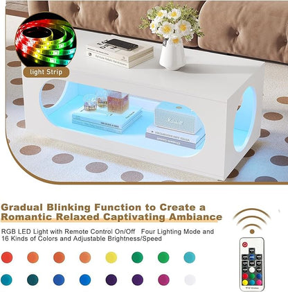 43" White Led Coffee Table for Living Room, Modern Living Room Table Rectangular Contemporary Center Table with Storage, Wooden Coffee Tables with LED Lights for Dining Reception Room