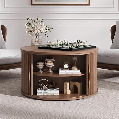 Round Coffee Table with Lifting Top,31.5”Mid Century Modern Lift Top Coffee Table with Hidden Compartment,Fluted Small Center Table for Living Room,Walnut