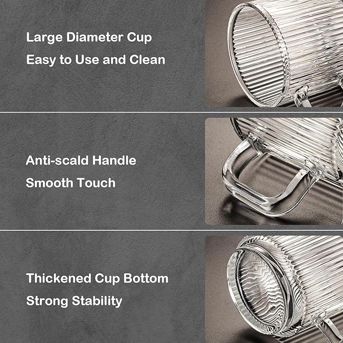 Glass Coffee Mug Espresso Cups for Coffee 12 oz Classical Vertical Stripes Glass Tea Cups Transparent Glasses for Latte Juice Chocolate Gift