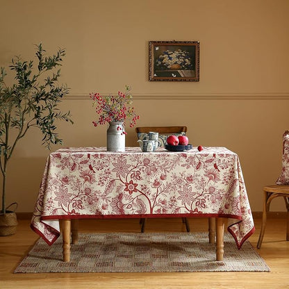 Designer French Linen Small Rectangular Tablecloth,Red Floral Washable Indoor Table Cloth,Durable Home Decor Tablecloths for Dining Thanksgiving Kitchen Party Christmas,55"*71"-Ruyi A