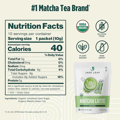 Jade Leaf Organic Matcha Latte Mix - Cafe Style Sweetened Blend - Sweet Matcha Green Tea Powder - 10ct Single Serve Stick Packs