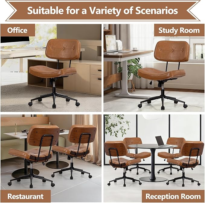 Armless Office Chair with Wheels, Adjustable Height Desk Chair Leather Swivel Computer Chair, Modern Walnut Office Side Chair for Meeting Room Office, Brown