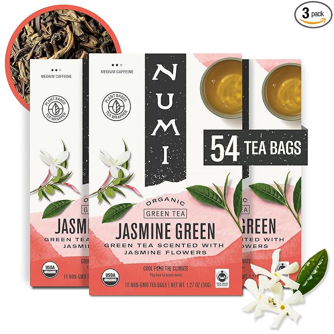 Numi Organic Tea Jasmine Green, 18 Count (Pack of 3) Box of Tea Bags (Packaging May Vary)