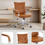 Load image into Gallery viewer, Mid-Back Ergonomic Leather Office Chair, Modern Upholstered Executive Desk Chair with Gold Frame Armrest Computer Task Chair (Camel &amp;Silver Legs)