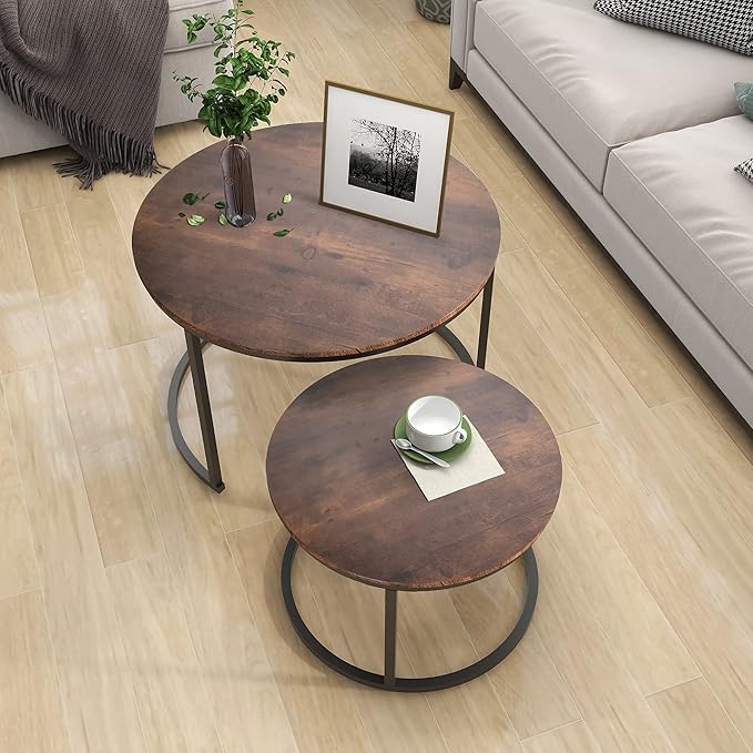 Industrial Round Coffee Table Set of 2 End Table for Living Room,Stacking Side Tables, Sturdy and Easy Assembly,Wood Look Accent Furniture with Metal Frame,Black+Rustic Brown