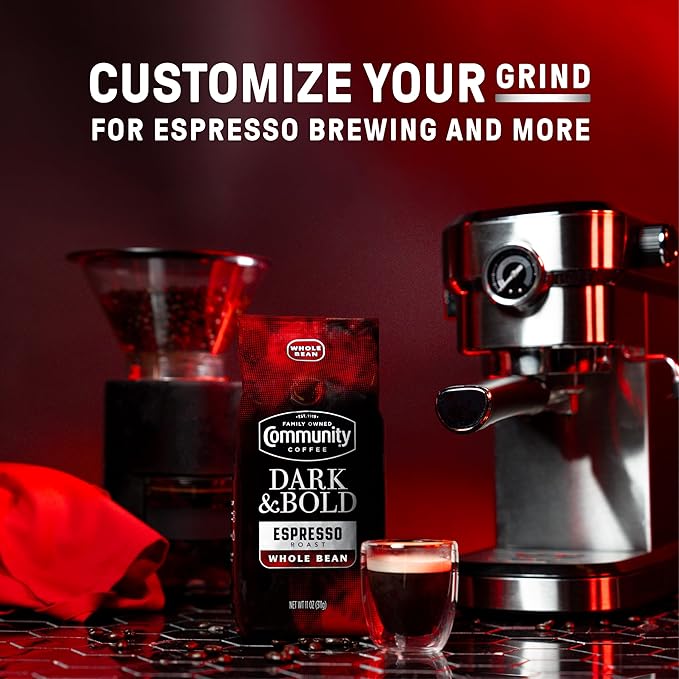 Community Coffee Dark & Bold Espresso Blend, Dark Roast Whole Bean Coffee, 11 Ounce Bag (Pack of 6)