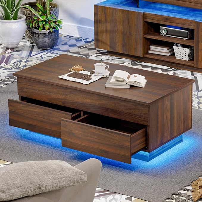 LED Coffee Table with Lift Top Morden Coffee Table with Storage High Gloss Walnut Sofa Table for Living Room Center Tables Hidden Compartment & 2 Drawers