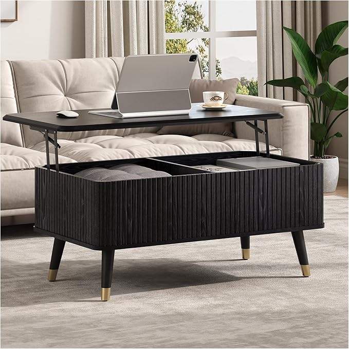 Lift Top Coffee Table, Mid Century Modern Coffee Table with Hidden Storage Compartment, 38" Fluted Center Table for Living Room, Home Office, Black