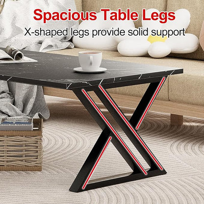 Coffee Table Living Room Table Black Center Table, Simple Modern Faux Marble Rectangular Tea Table with Sturdy Black-Finished Metal Frame,Industrial Wooden Coffee Table for Bedroom Home Office