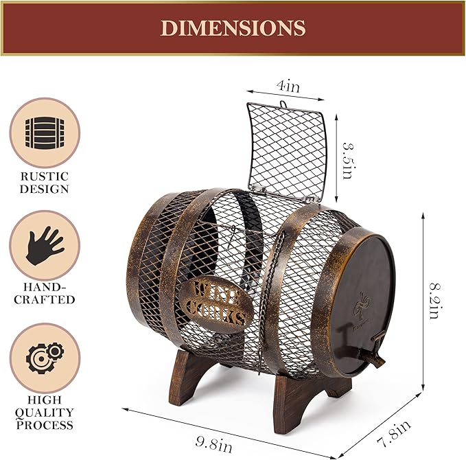 Rustic Metal Large Barrel Wine Cork Holder Display On Wooden Stand, Container for Display, Home Decor, Housewarming Gifts, Home Bar Decor, Wine Gifts, Engagement Gifts, Kitchen Decor