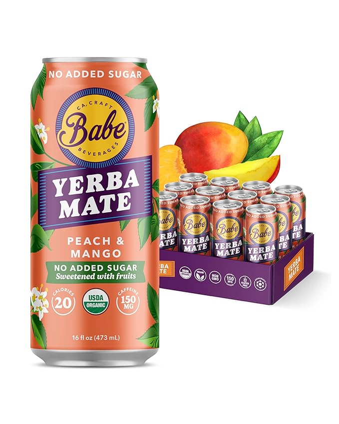 Babe Organic Yerba Mate Energy Drinks | NO SUGAR ADDED with 150mg Plant-Based Caffeine | Natural Yerba Mate Tea with No Crash, No Jitters - Peach Mango (12 x 16oz Cans)