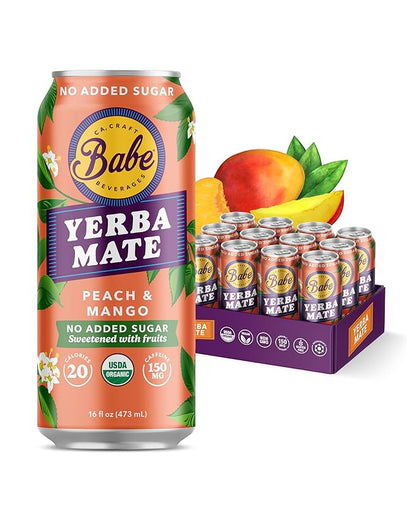 Babe Organic Yerba Mate Energy Drinks | NO SUGAR ADDED with 150mg Plant-Based Caffeine | Natural Yerba Mate Tea with No Crash, No Jitters - Peach Mango (12 x 16oz Cans)