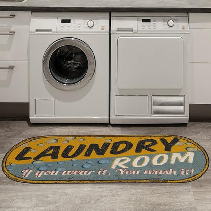 Ottomanson 20" x 59" Oval Laundry Room Rug - Non-Slip Mat for Laundry & Mudroom - Durable, Stain-Resistant, and Easy to Clean - Perfect for High-Traffic Areas - Runner Rug for Entryway, Yellow/Gray