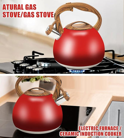Festive Red Stovetop Whistling Tea Kettle 3.2 Quart - Stainless Steel with Wood Grain Handle, Loud Christmas Whistle for Boiling Water, Holiday Cocoa & Milk, Easy-Pour Spout Classic Design