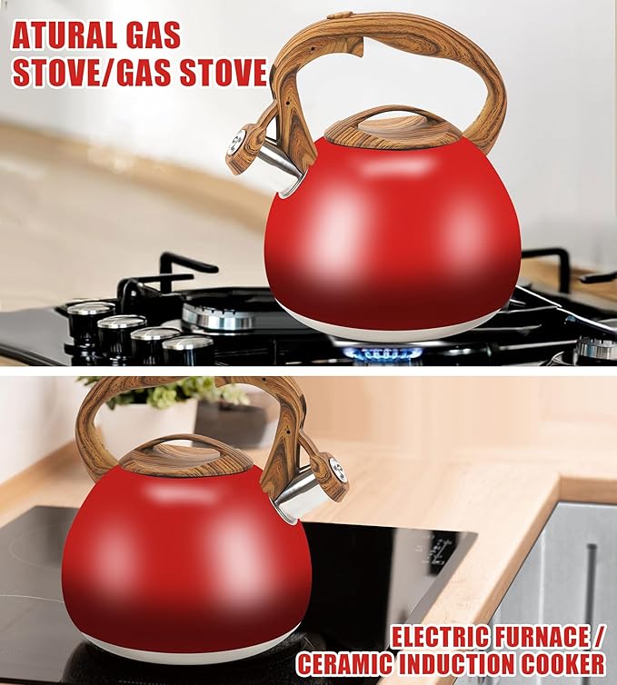 Festive Red Stovetop Whistling Tea Kettle 3.2 Quart - Stainless Steel with Wood Grain Handle, Loud Christmas Whistle for Boiling Water, Holiday Cocoa & Milk, Easy-Pour Spout Classic Design