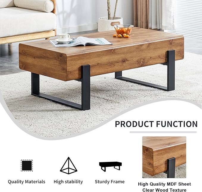 47.24'' Rustic Rectangle Coffee Table MDF Desktop with Metal Legs for Living Room Dining Room Bedroom Office