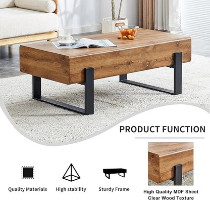 47.24'' Rustic Rectangle Coffee Table MDF Desktop with Metal Legs for Living Room Dining Room Bedroom Office