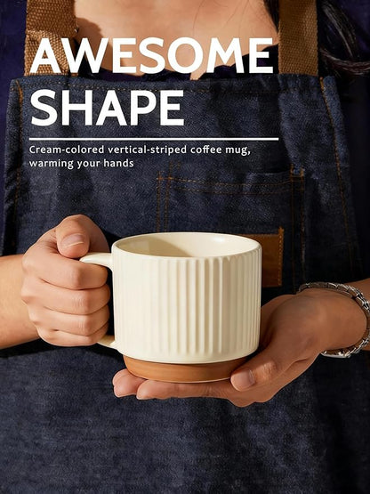 10OZ Small Stackable Coffee Mugs, Ceramic Coffee Mugs with Stripe Patterns for Man,Woman,Dad,Mom, Modern Coffee Mugs Set of 4 for Latte/Cappuccino/Cocoa/Tea. Dishwasher&Microwave Safe, Beige