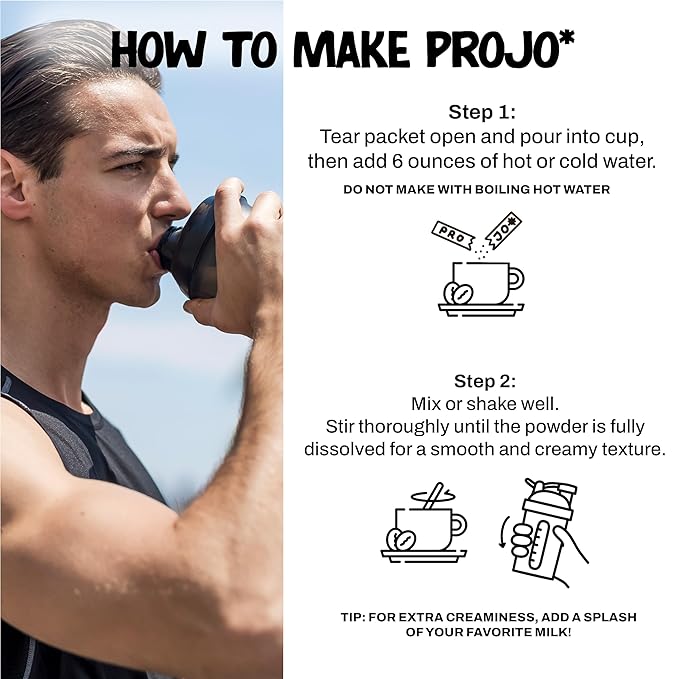 Projo* Power Coffee – Instant Coffee with 11g Protein – Grass-Fed Hydrolyzed Bovine Collagen & 175mg Caffeine – Caramel Latte Flavor – Organic – Energy Support – 12 Single-Serve Packets