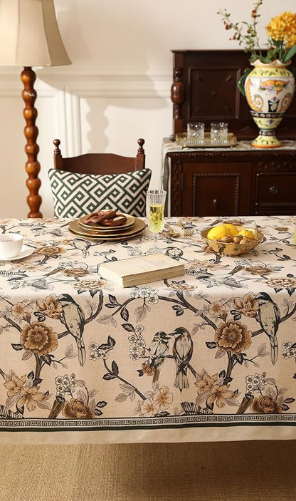 Designer Vintage Linen Extra Long Tablecloth Rectangle,Floral and Bird Pattern Elegant Table Cloth,Fall Wrinkle Resistant Decor Tablecloths for Dining Kitchen Christmas,67"*118"-Murad A