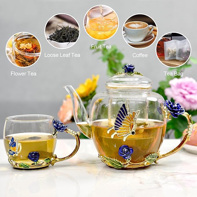 46oz/1300ml Enamel Glass Teapot With Rose Flower Butterfly And Gold Edge,Blue Rose Teapot With Infuser And Lid For Mom,Women,Mother,Birthday