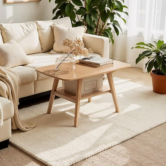 Small Coffee Table for Living Room, 2-Tier Mid Century Modern Small Tables with Shelf Storage, Storage Coffee Table with Rounded Corners (Solid Oak Wood Log Color, 31.5'' L)