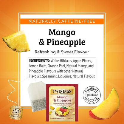 Twinings Mango & Pineapple Herbal Tea Individually Wrapped Bags, 20 Count (Pack of 6), Naturally Caffeine-Free, Enjoy Hot or Iced, 120 Teabags