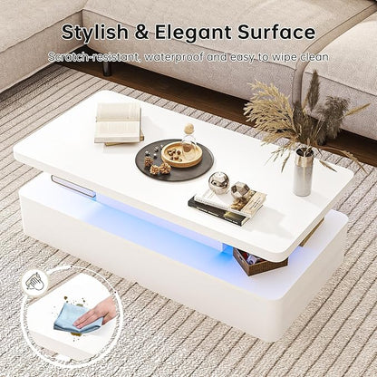 oneinmil Modern LED Coffee Table, 47" Living Room Tables with Double-Layer Design, 16 Colors LED Lights, Stylish Coffee Tables for Living Room, Home, Office, White