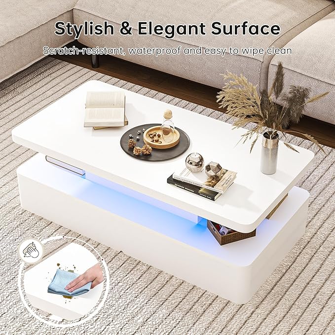 oneinmil Modern LED Coffee Table, 47" Living Room Tables with Double-Layer Design, 16 Colors LED Lights, Stylish Coffee Tables for Living Room, Home, Office, White