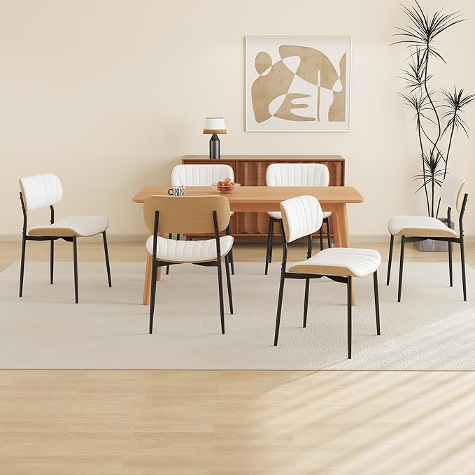 Modern PU Leather Dining Room Chairs Set of 6, Upholstered Kitchen Chairs with Curved Wood Backrest and Metal Legs Adjustable Feet for Kitchen Dining Room(White)